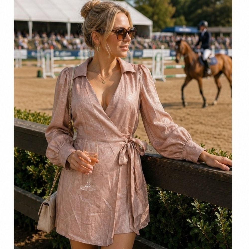 Le Lis Collection Wrap Dress Womens Small Rose Gold Metallic‎ Shimmer Mini L/S